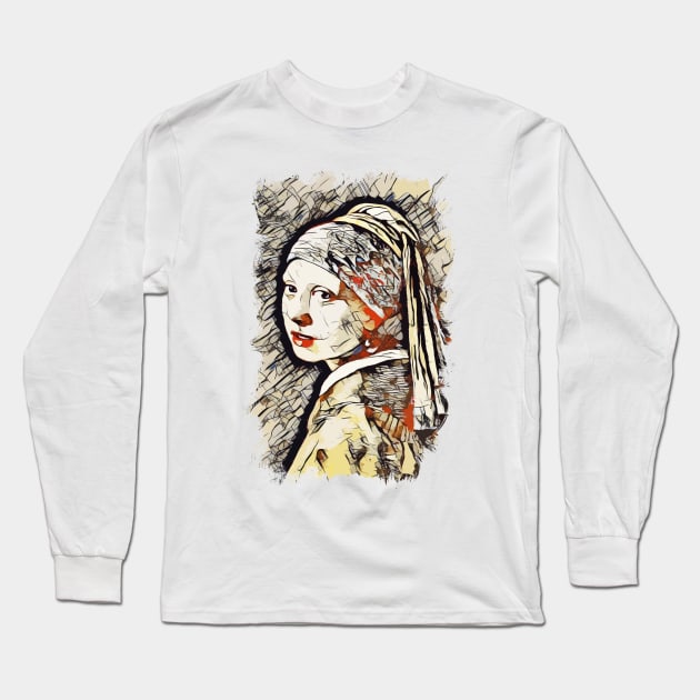 Girl with a Pearl Earring / Abstract Fan Art #02 Long Sleeve T-Shirt by Naumovski